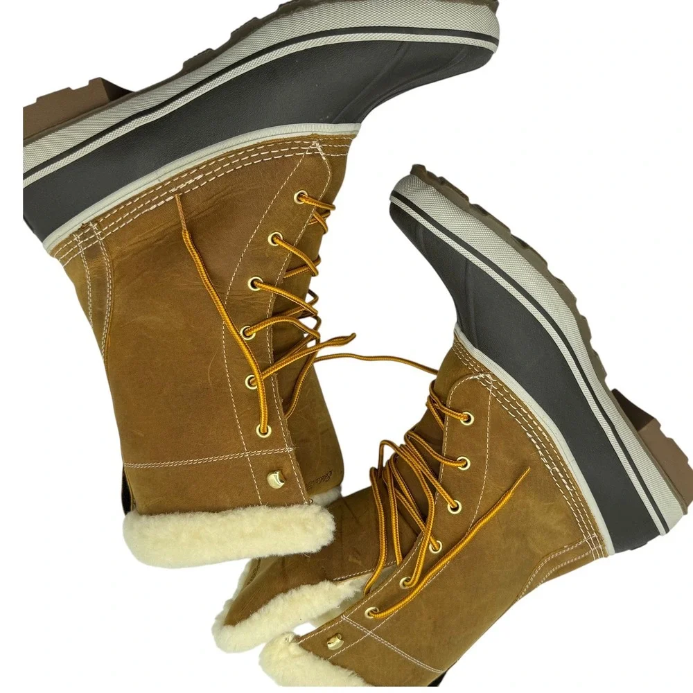 Eddie Bauer Hunt Pac Mid Duck Boots Tan Brown Leather Wool Blend Trim Mens 12